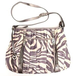 Brighton Lg Hobo Crossbody Bag Gray Cream Nylon Silver Gray Leather Trim Zipper